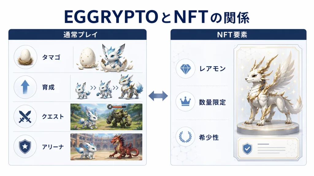 EGGRYPTOの通常プレイ要素とNFT要素の違いを比較した図解