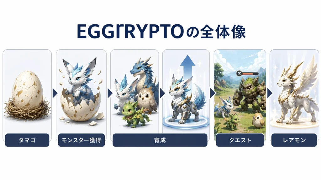 EGGRYPTOの全体像をタマゴ、モンスター獲得、育成、クエスト、レアモンの流れで示した図解