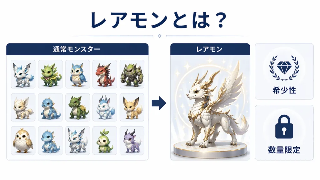 通常モンスターとレアモンの違いを希少性と数量限定の観点から示した図解