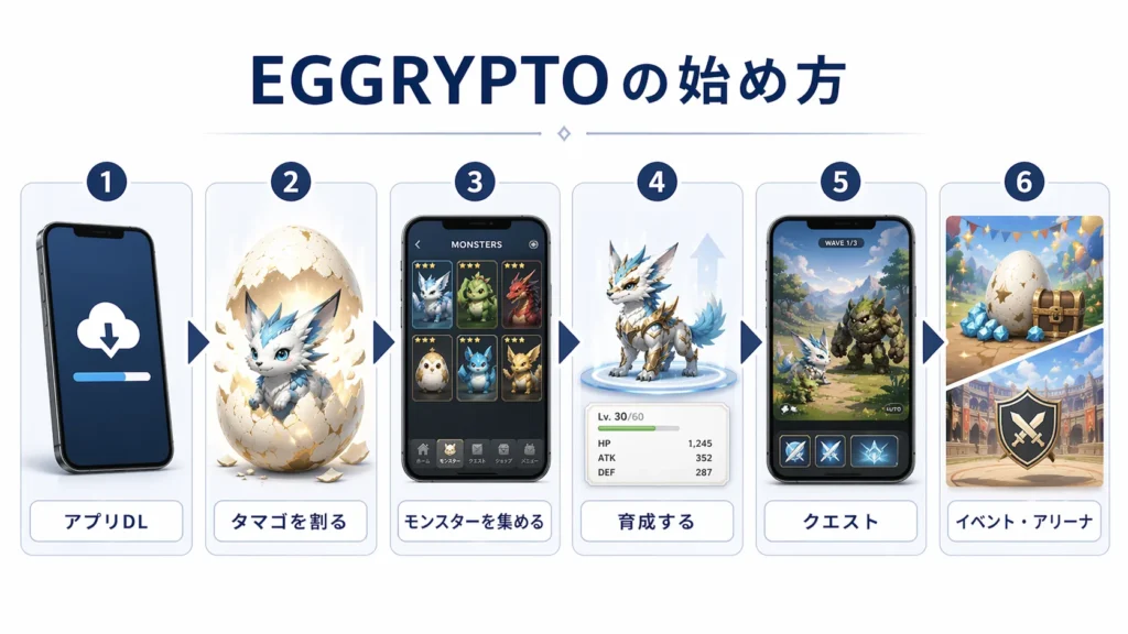 EGGRYPTOの始め方をアプリDLからイベントやアリーナまで順番に示した図解