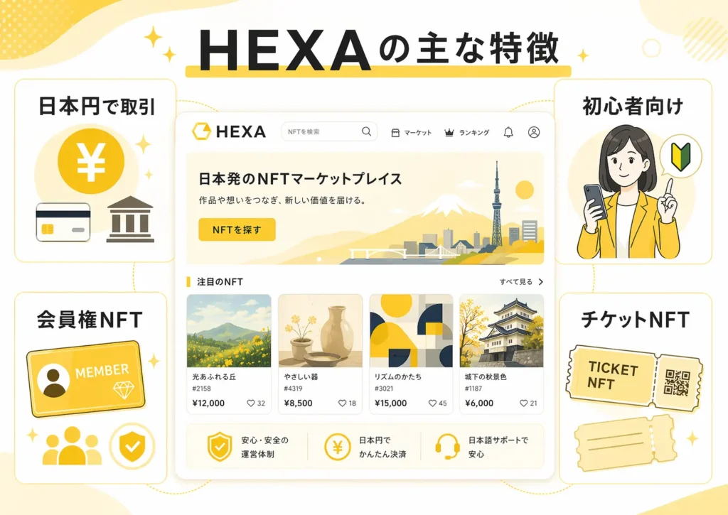 HEXAの主な特徴を日本円取引や会員権NFTなどの観点で整理した図