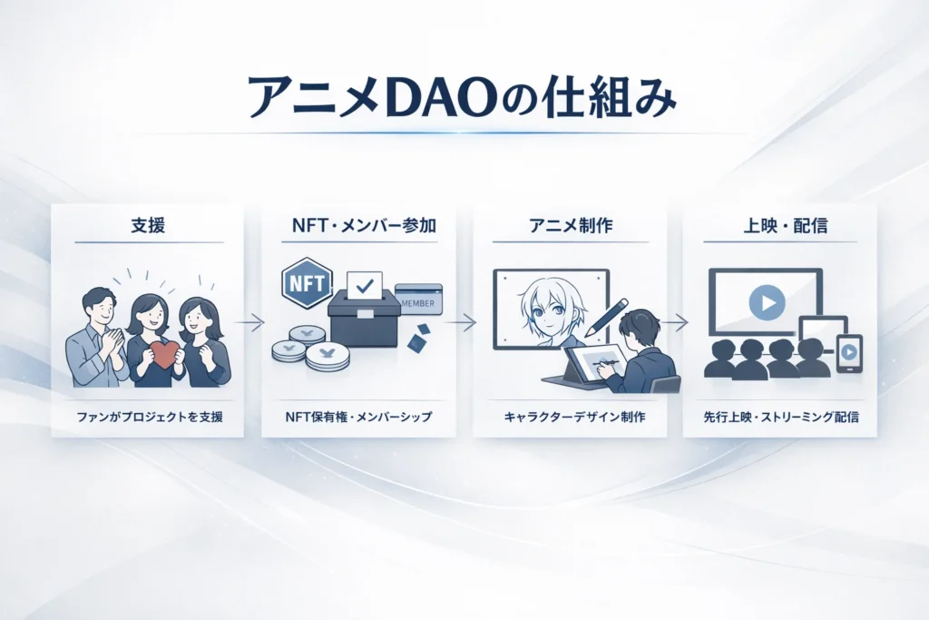 アニメDAOの仕組みを4ステップで示した図解