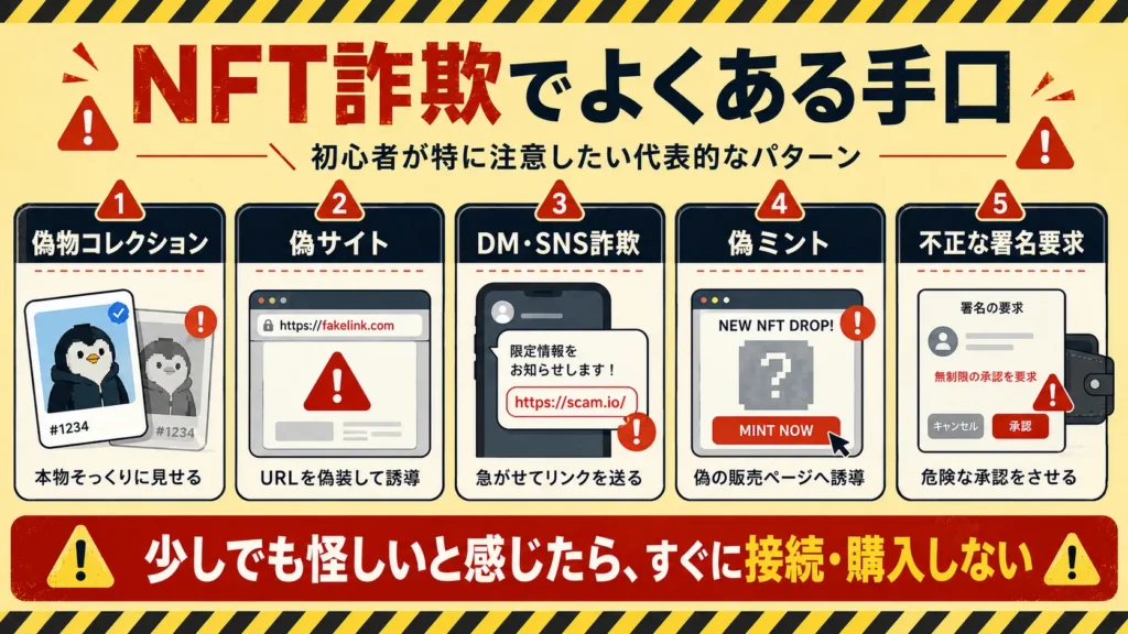 偽物コレクションや偽サイト、DM詐欺、偽ミントなどNFT詐欺でよくある手口を示した図解