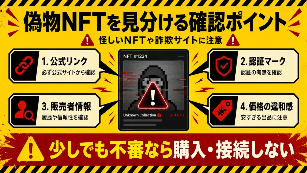 偽物NFTを見分けるために公式リンクや認証マーク、販売者情報などを確認するポイントを示した図解