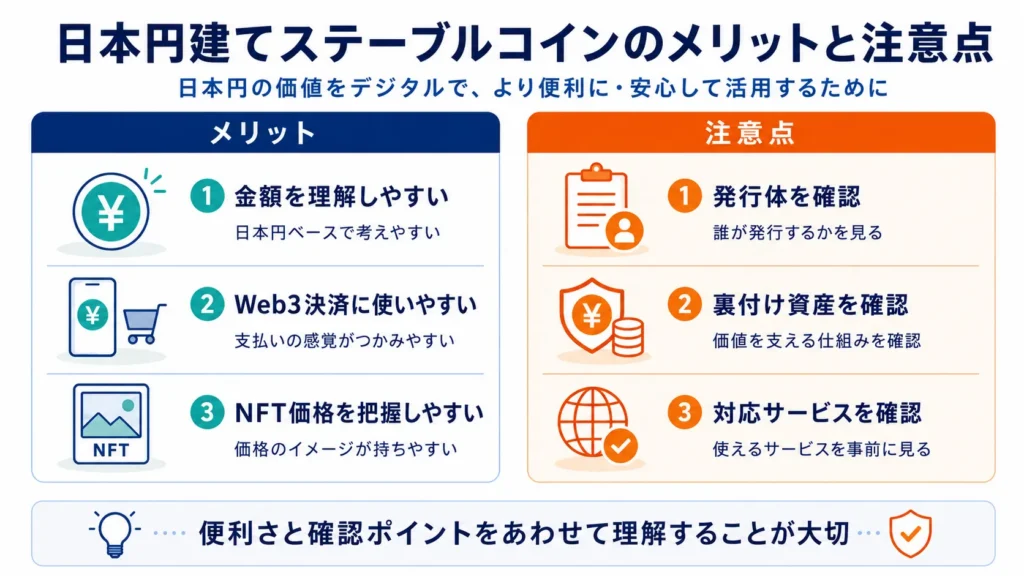 日本円建てステーブルコインのメリットと発行体や裏付け資産などの注意点を整理した図解