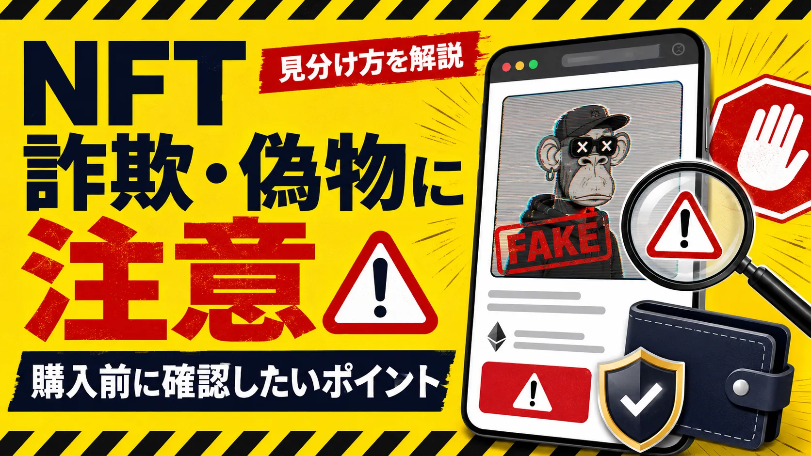 NFTの偽物や詐欺に注意し、購入前に確認すべきポイントを示したアイキャッチ画像