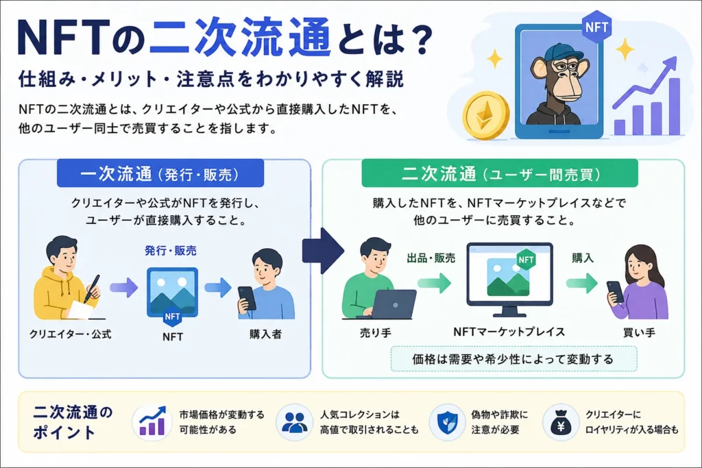 NFTの一次販売と二次流通の違いを図解した画像