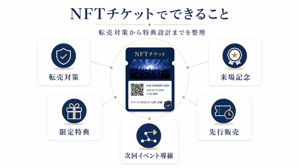NFTチケットでできることを転売対策や限定特典、来場記念などで整理した図解