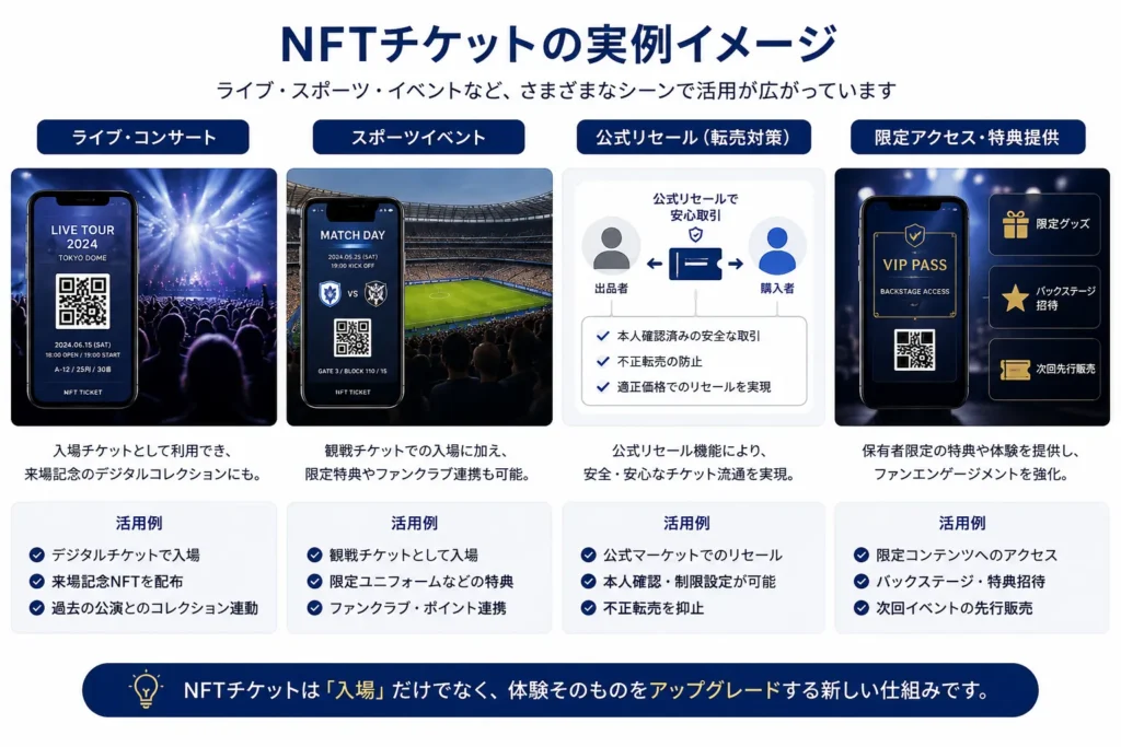 NFTチケットの活用例をライブ、スポーツ、公式リセール、限定特典で示した図解