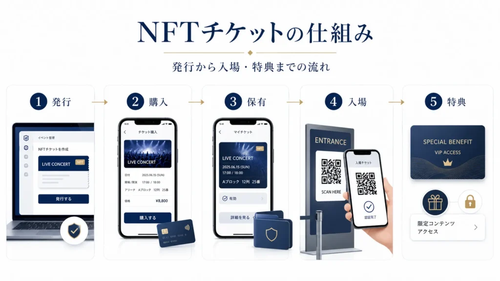 NFTチケットの発行から購入、保有、入場、特典までの流れを示した図解