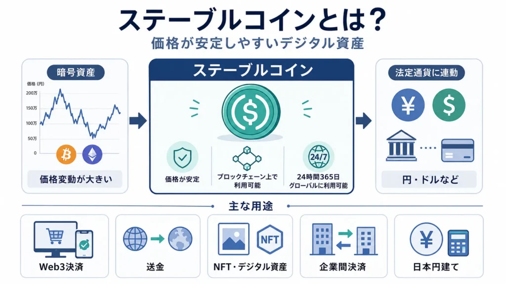 ステーブルコインとは何かを暗号資産との違いや法定通貨連動、主な用途とあわせて説明した図解