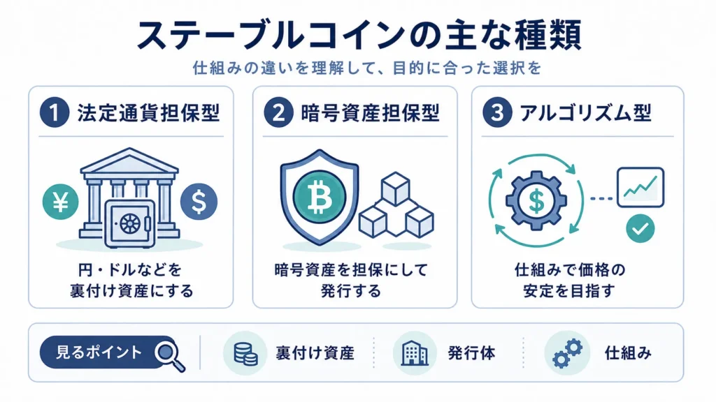 法定通貨担保型、暗号資産担保型、アルゴリズム型などステーブルコインの主な種類を説明した図解