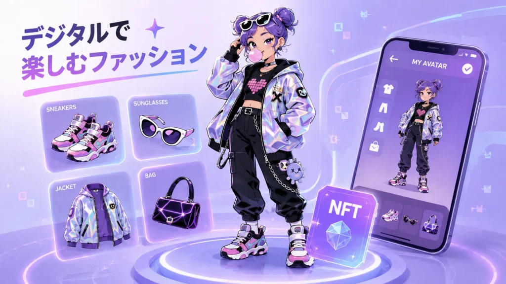 デジタルファッションNFTをアバターやスマホ上のファッションアイテムで表現したイメージ図