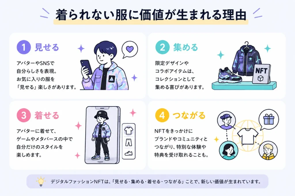 デジタルファッションNFTに自己表現や限定感などの価値が生まれる理由を示した図解