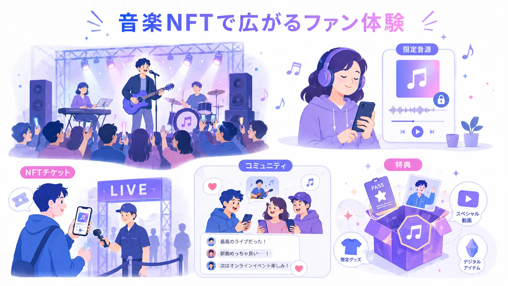 音楽NFTによって限定音源、イベント、コミュニティ、特典などのファン体験が広がる様子を表した図解