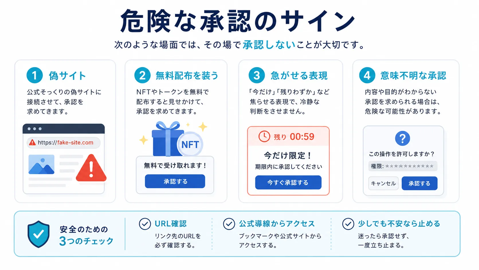 NFT取引で注意すべき危険な承認のサインをまとめた図