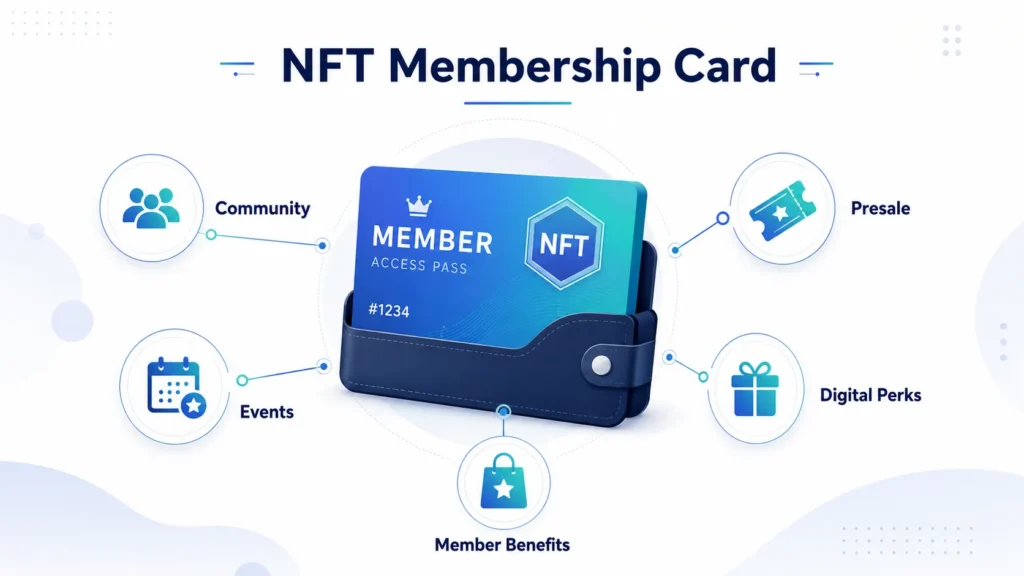 NFT会員証でコミュニティ参加やイベント招待、先行販売、デジタル特典を受けられる仕組みを説明した図解