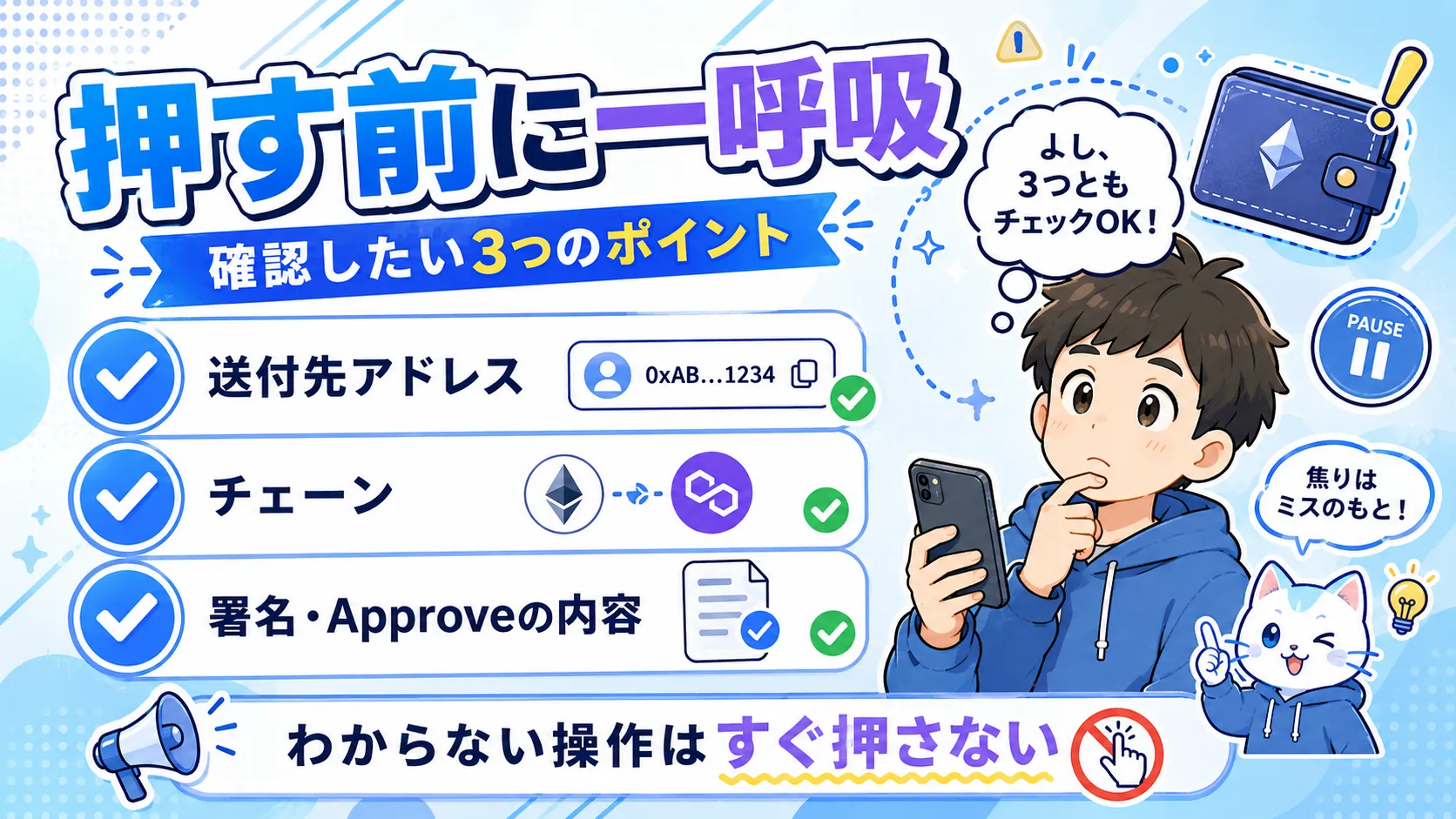 NFT操作で押す前に確認したい送付先アドレスやチェーンや署名内容をまとめた図解