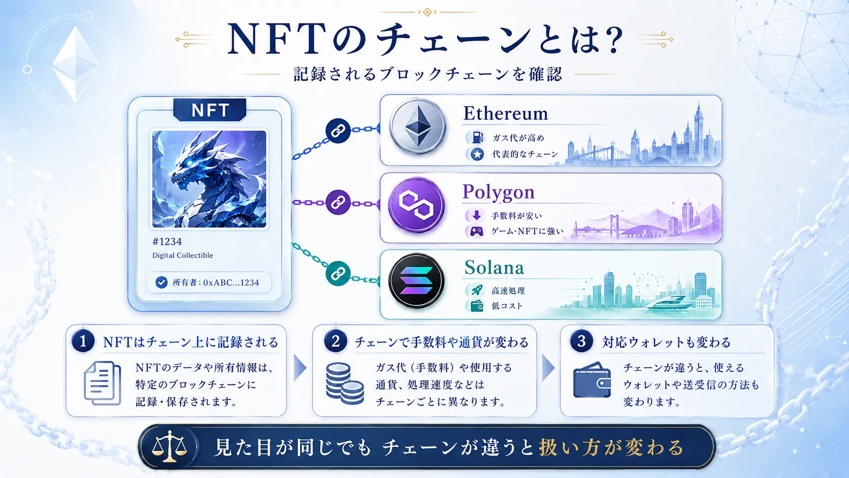 NFTがブロックチェーン上に記録される仕組みを表した図