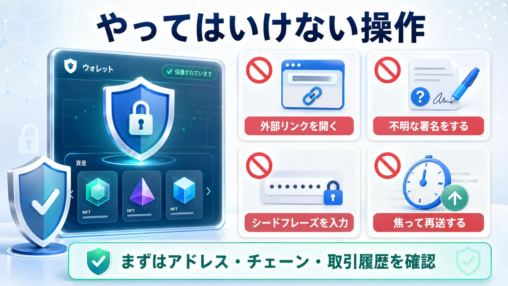 NFTが表示されないときに避けるべき外部リンク・不明な署名・シードフレーズ入力などをまとめた注意喚起図