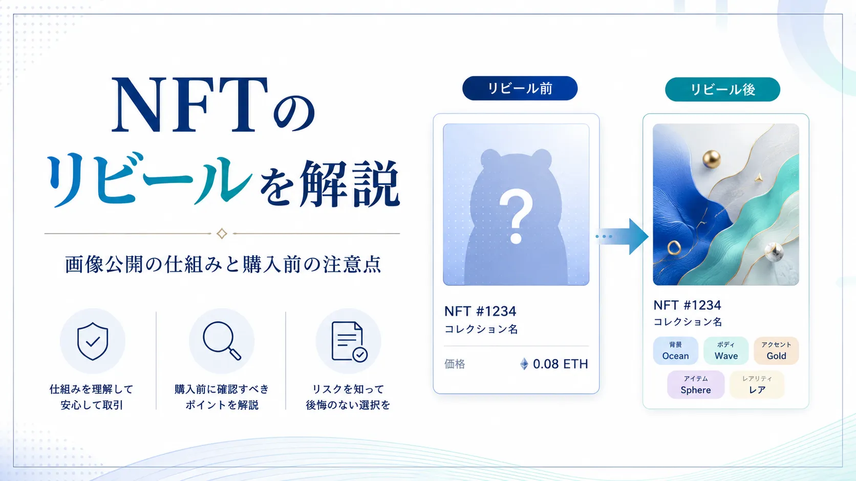 NFTのリビールの仕組みと購入前の注意点を示したアイキャッチ画像