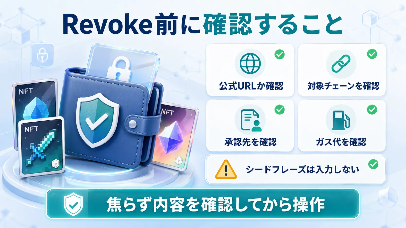 Revoke前に確認すべき公式URL・対象チェーン・承認先・ガス代などをまとめた図