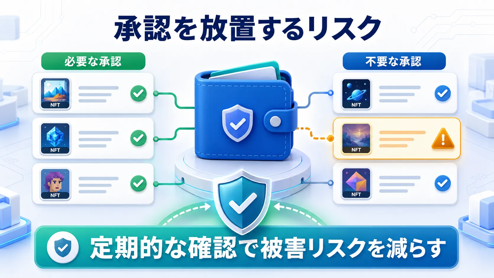 NFTの不要な承認を放置するリスクと定期確認の重要性を説明した図