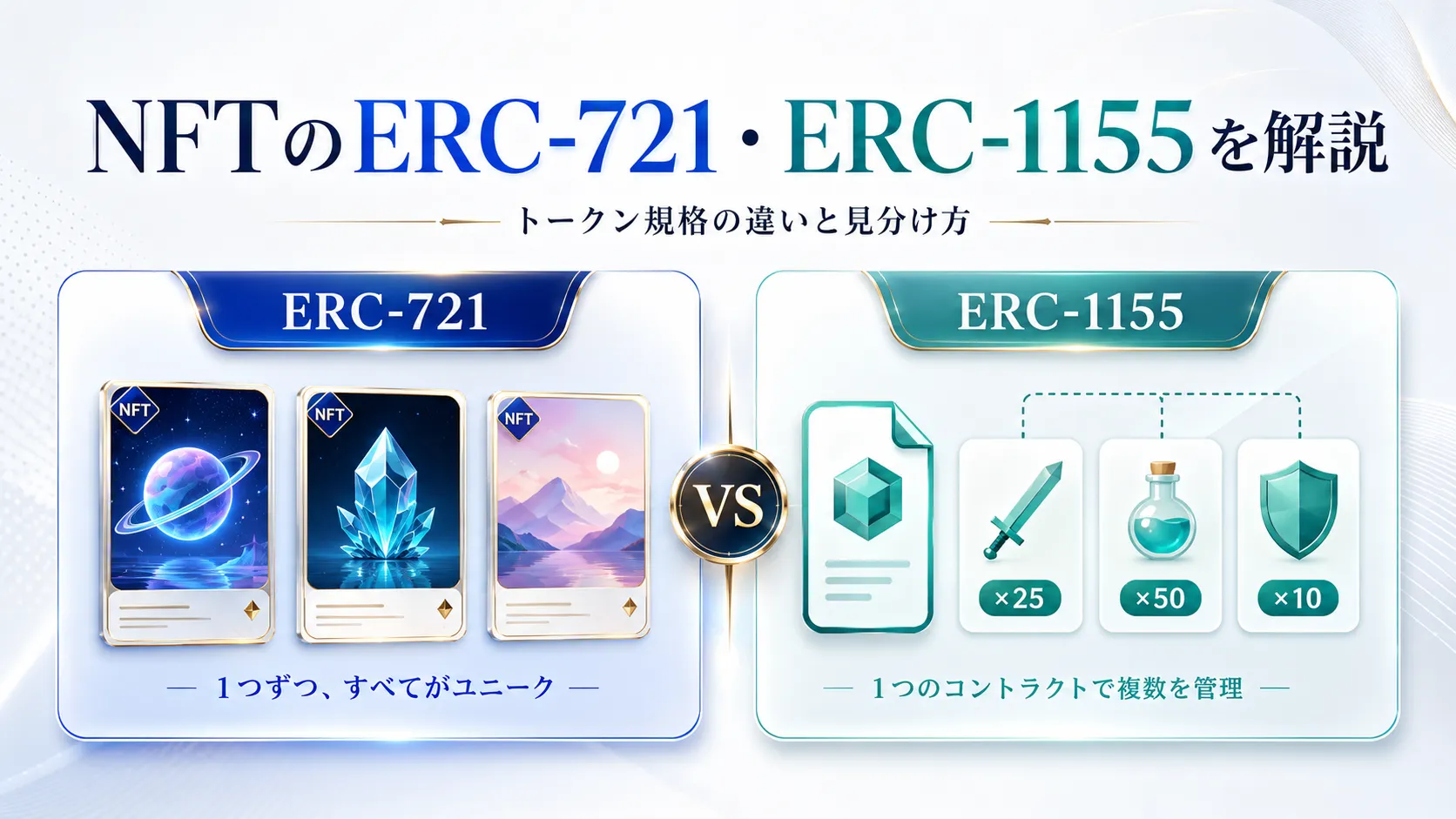 NFTのERC-721とERC-1155の違いを比較したアイキャッチ画像