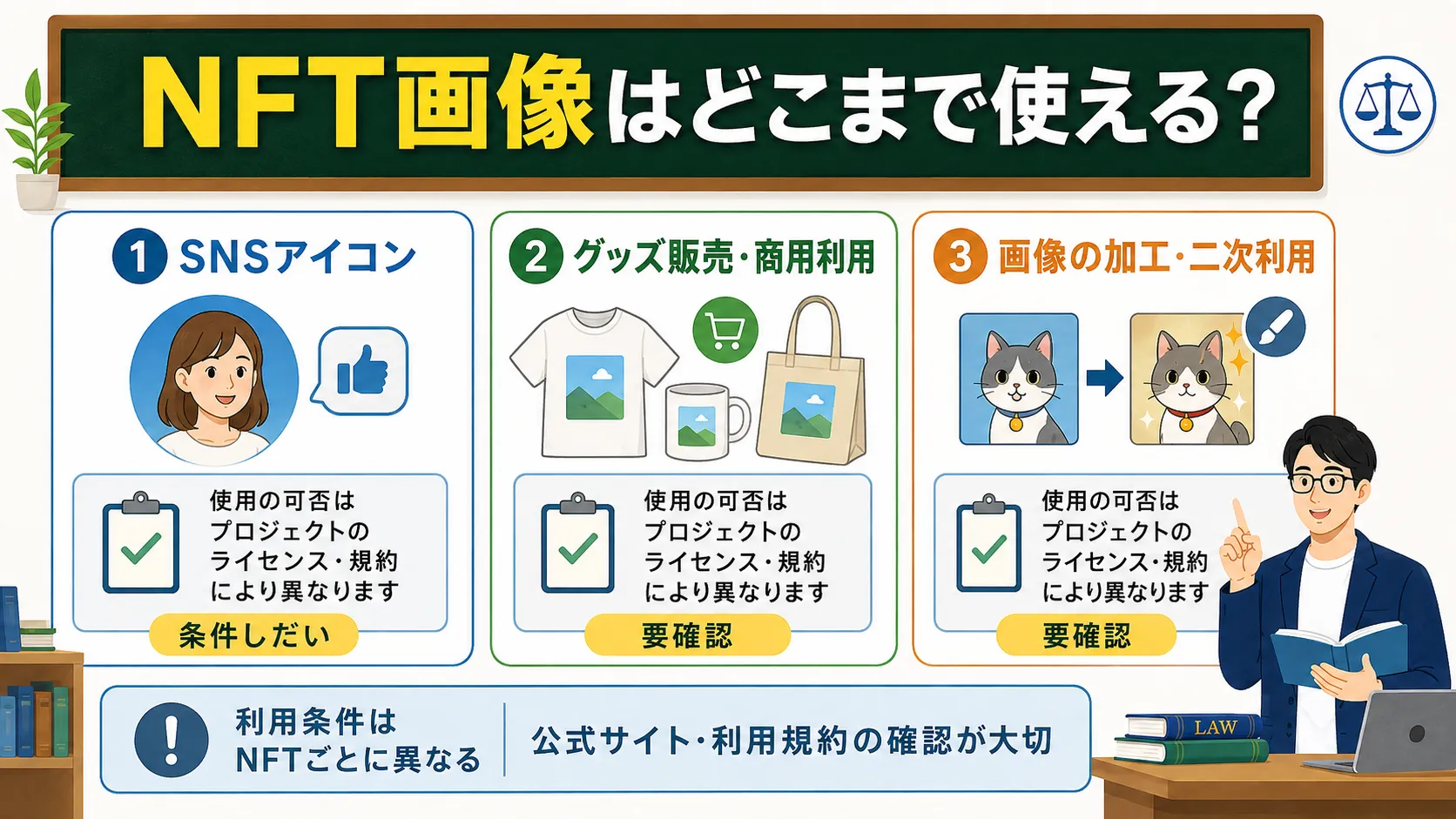 NFT画像のSNS利用・商用利用・加工や二次利用がライセンスによって異なることを示した図解