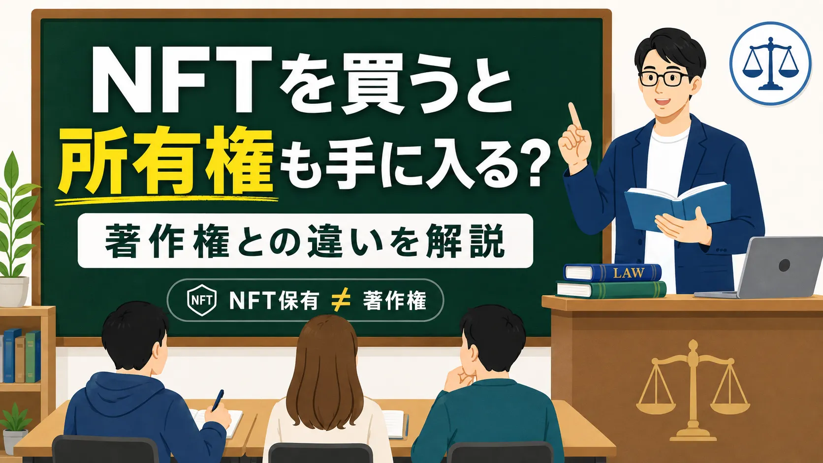 NFTを購入したときの保有と所有権・著作権の違いを授業形式で表したアイキャッチ画像
