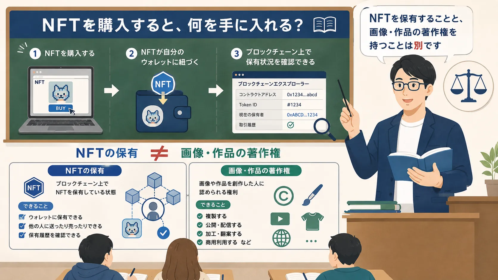 NFTを購入したときに得られるものと画像・著作権が別であることを示した図解