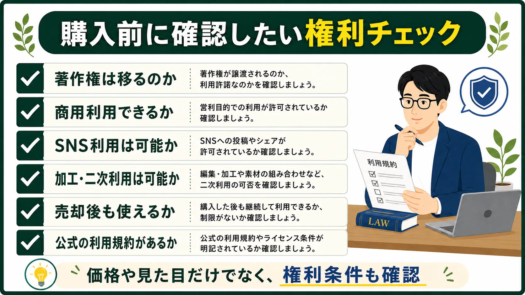 NFT購入前に著作権・商用利用・SNS利用・二次利用・売却後の利用条件を確認するチェックリスト