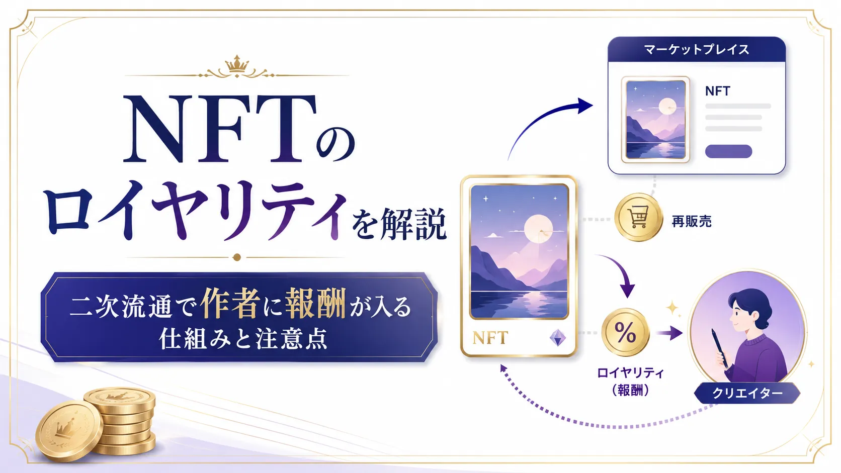 NFTのロイヤリティで二次流通から作者に報酬が入る仕組みを表したアイキャッチ画像