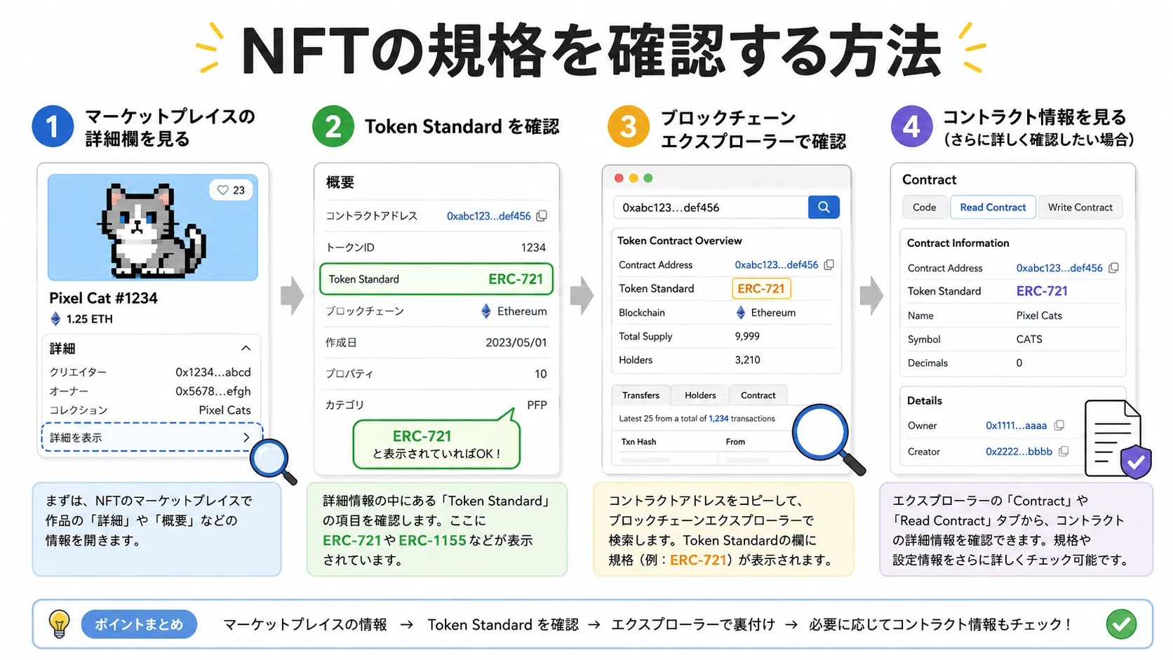 マーケットプレイスやエクスプローラーでNFTのトークン規格を確認する方法を示した図解