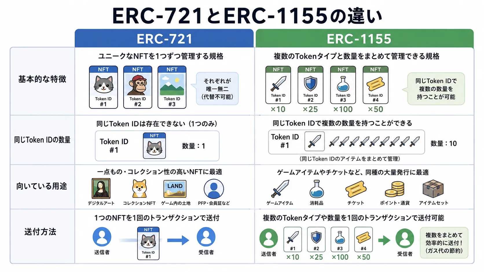 ERC-721とERC-1155の特徴や用途の違いを比較した図解